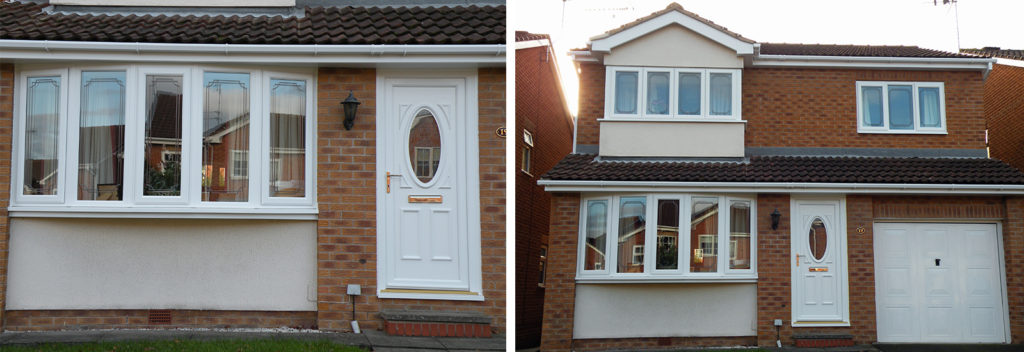 two images of a house with a full set of newly installed double glazed windows