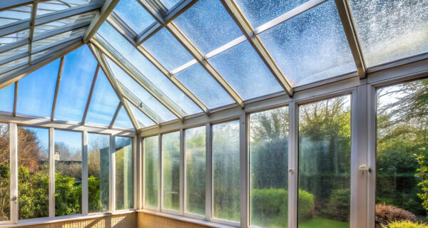 Conservatory windows with condensation droplets obscuring the view