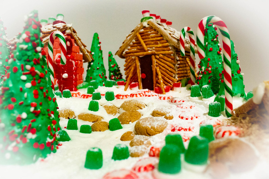 Beautiful edible garden containing biscuits and icing-covered trees.