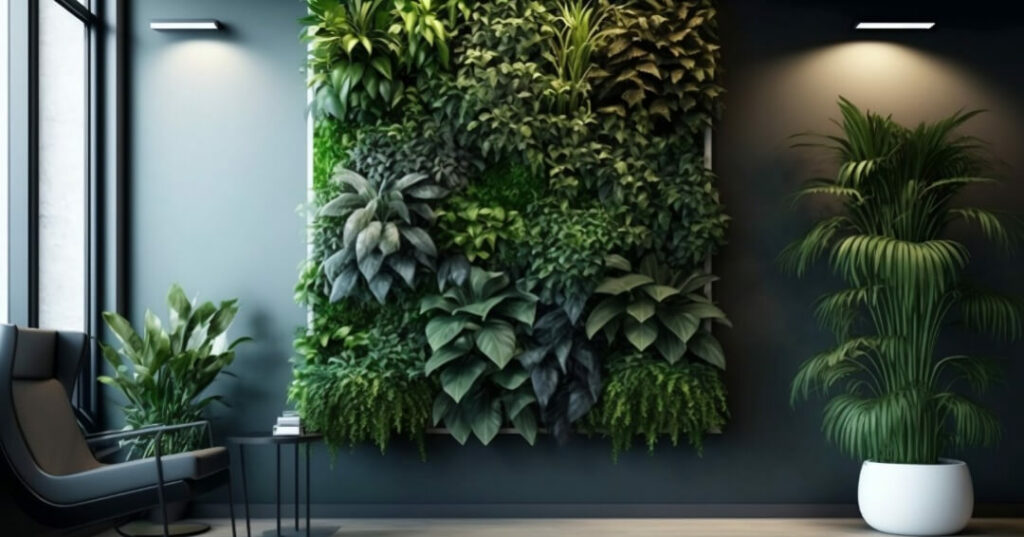 Green living wall with wall lights on either side