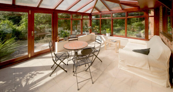 conservatory with white tiled floors