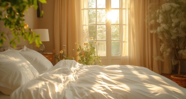 Suns beams into a bedroom through windows