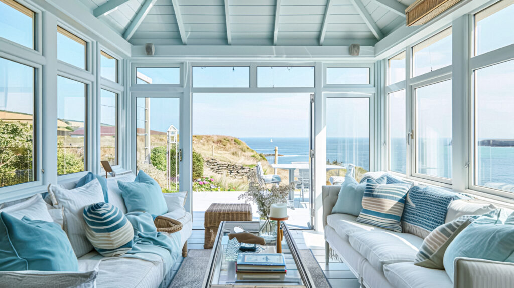 A conservatory by the coast being used as a living room