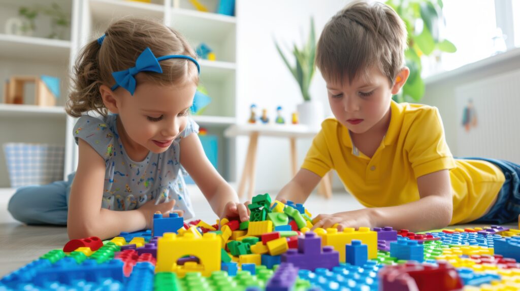 Two children playing with blocks in a childrens play room