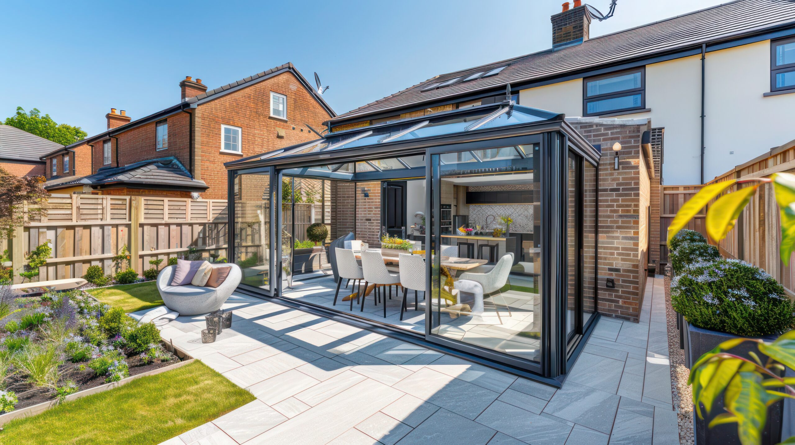 AI-generated view of a modern conservatory from the garden