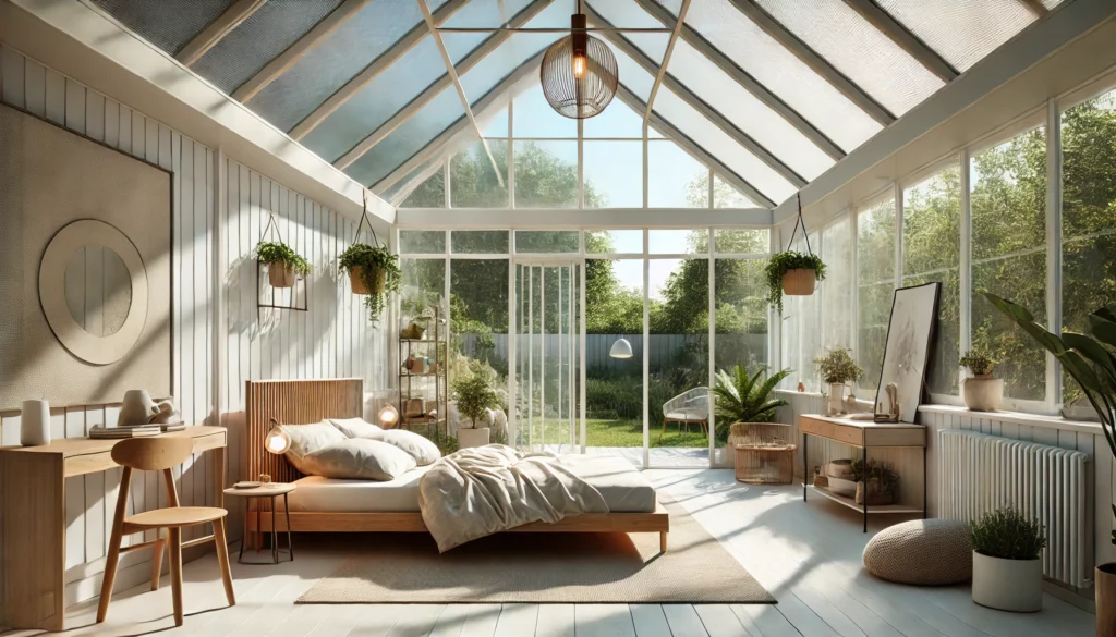 AI-generated image of a bedroom in a conservatory