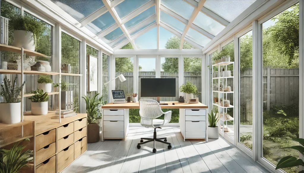 AI-generated image of an office inside a conservatory at home